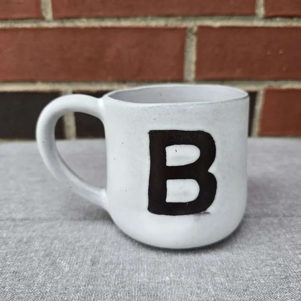 Crate & Barrel Mug Monogram B Handcrafted Artisan Stoneware Portugal Gray Black